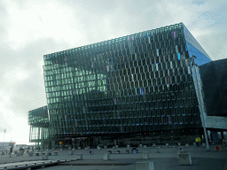 Front of the Harpa Concert Hall, viewed from the rental car on the Kalkofnsvegur street