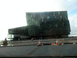 Front of the Harpa Concert Hall, viewed from the rental car on the Kalkofnsvegur street