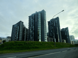 Apartment buildings at the Sæbraut street, viewed from the rental car