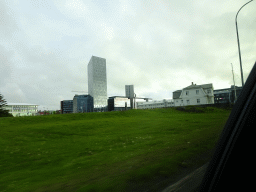 The Höfði House and the Höfðatorg business center, viewed from the rental car on the Sæbraut street