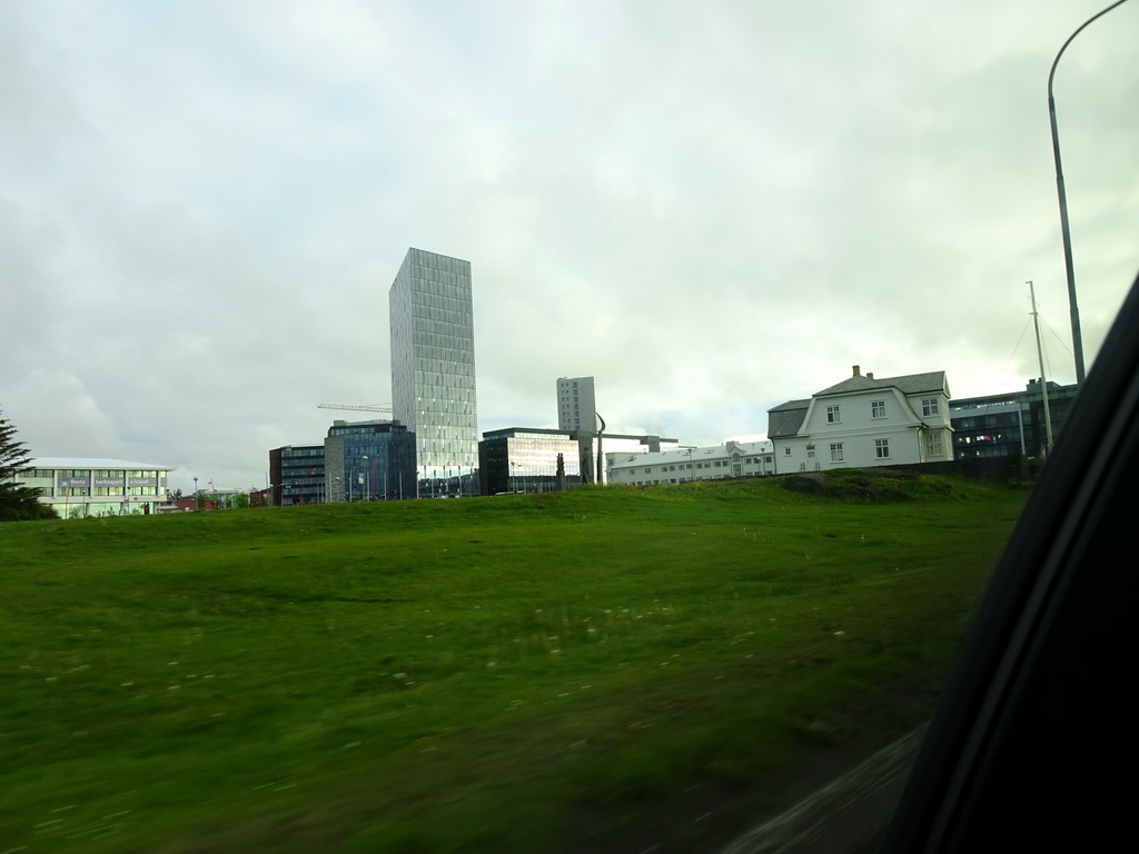 The Höfði House and the Höfðatorg business center, viewed from the rental car on the Sæbraut street
