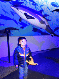 Max with a statue of an Atlantic White-Sided Dolphin at the Whales of Iceland exhibition