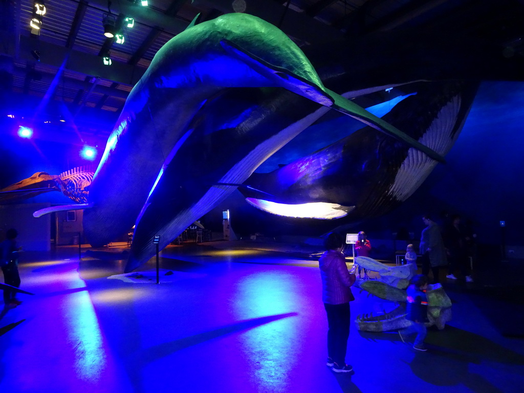 Max and Miaomiao`s mother with statues, skeleton and skulls of Whales at the Whales of Iceland exhibition