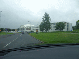 The Engjavegur street and the Laugardalshöll sport center, viewed from the rental car