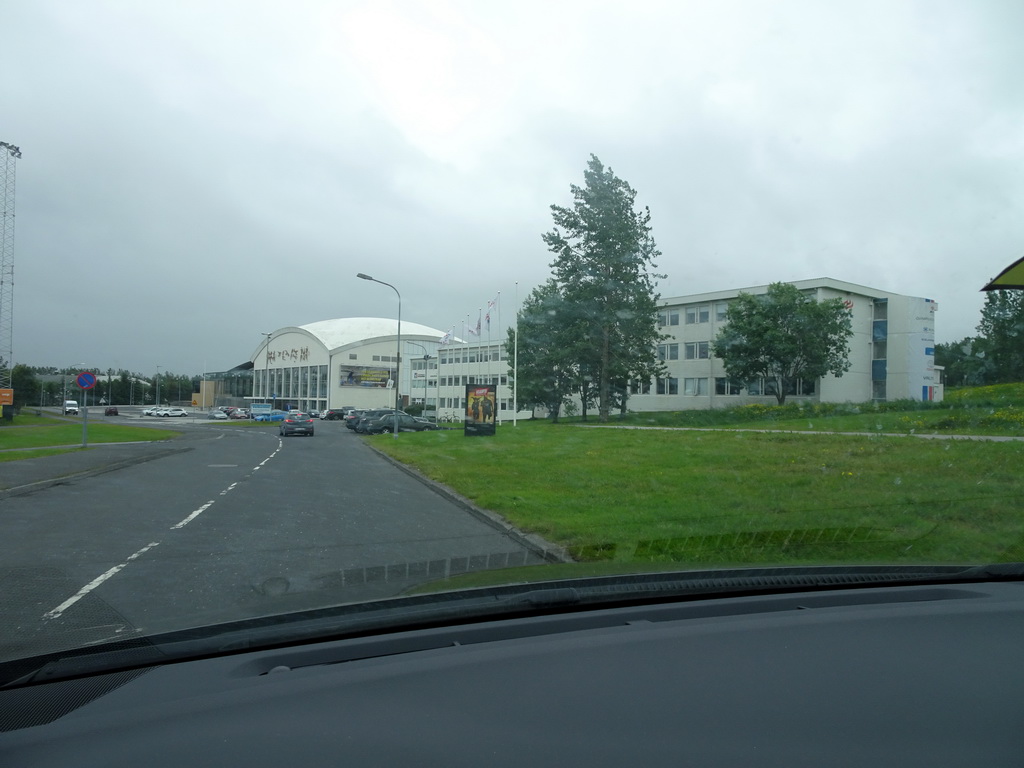 The Engjavegur street and the Laugardalshöll sport center, viewed from the rental car