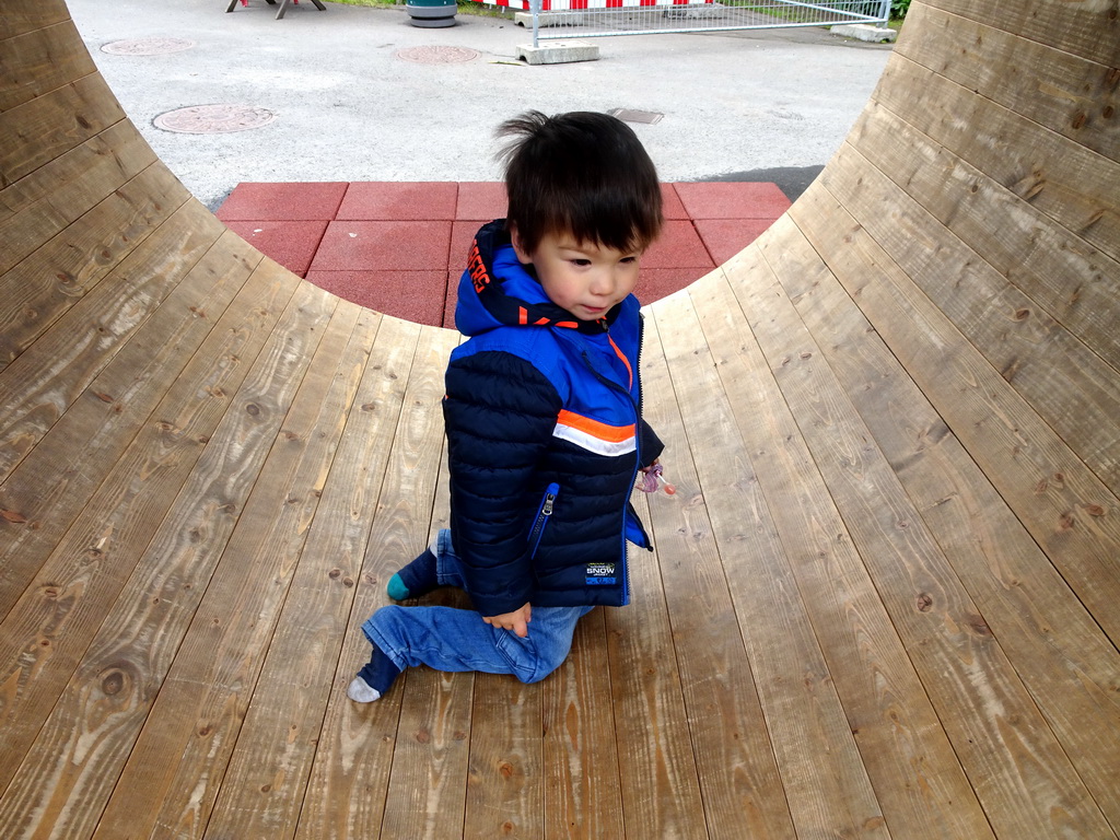 Max at the treadmill wheel at the Fjölskyldugarðurinn park