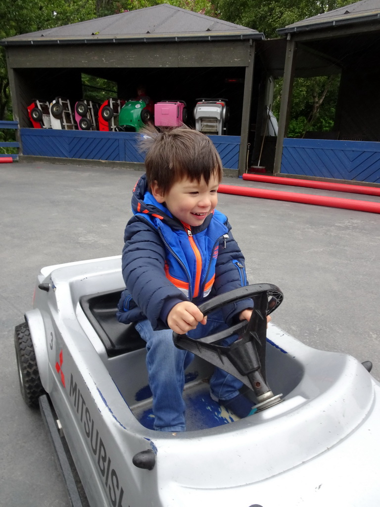 Max in a bumper car at the Fjölskyldugarðurinn park