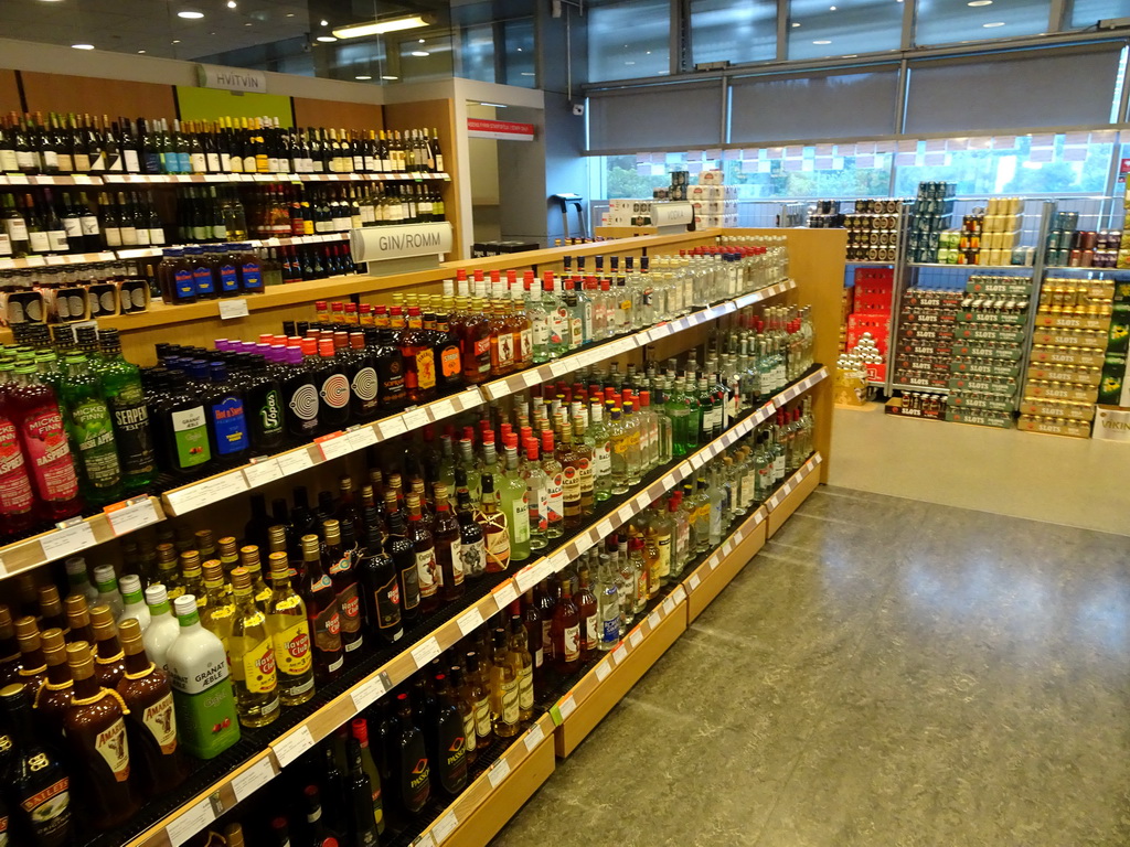 Interior of the Vínbúðin liquor store at the Austurstræti street