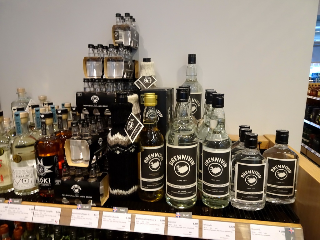 Bottles of Brennivín liquor at the Vínbúðin liquor store at the Austurstræti street