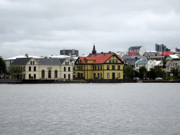 The northeast side of the Tjörnin lake with the Iðnó restaurant, viewed from the Tjarnargata street