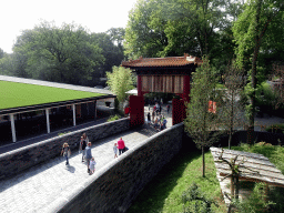 Entrance gate to Pandasia at the Ouwehands Dierenpark zoo, viewed from the walkway next to the restaurant on top of the residence of the Giant Panda `Wu Wen`