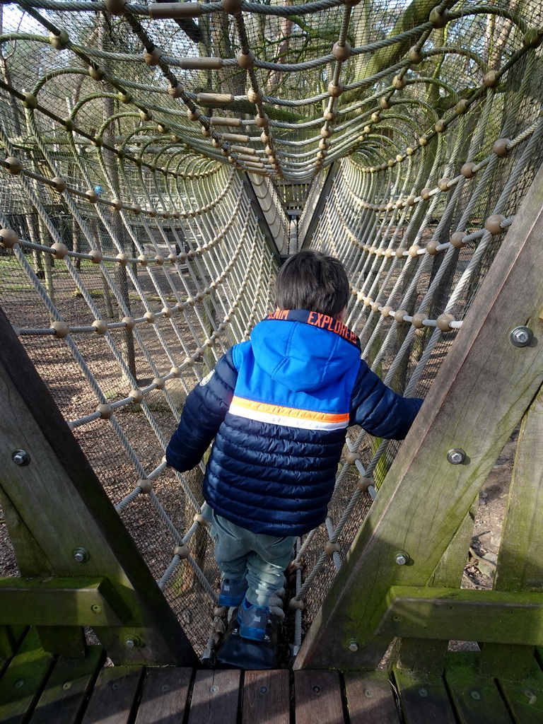 Max on a wire bridge at the Berenbos Expedition at the Ouwehands Dierenpark zoo