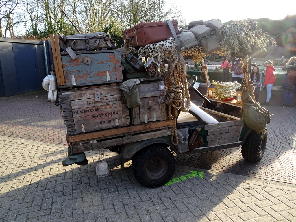 Zookeeper`s jeep in front of the Humboldt Penguin enclosure at the Ouwehands Dierenpark zoo
