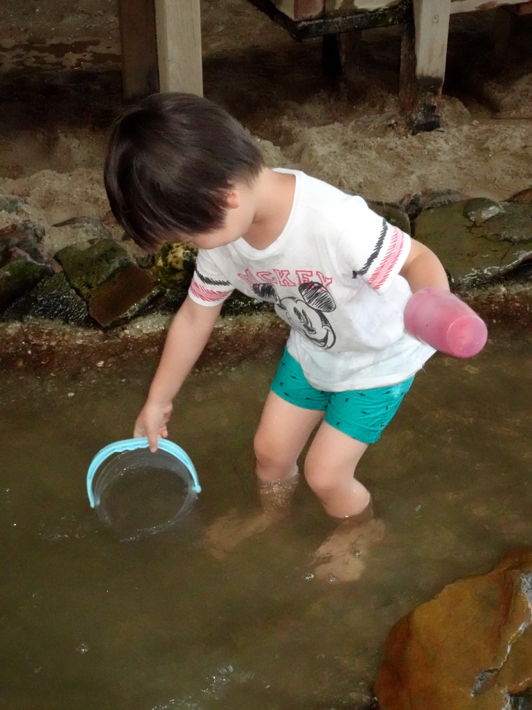 Max playing with water in a stream at the RavotAapia building at the Ouwehands Dierenpark zoo