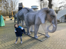 Max with China Light statues of Elephants at the Ouwehands Dierenpark zoo