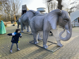 Max with China Light statues of Elephants at the Ouwehands Dierenpark zoo