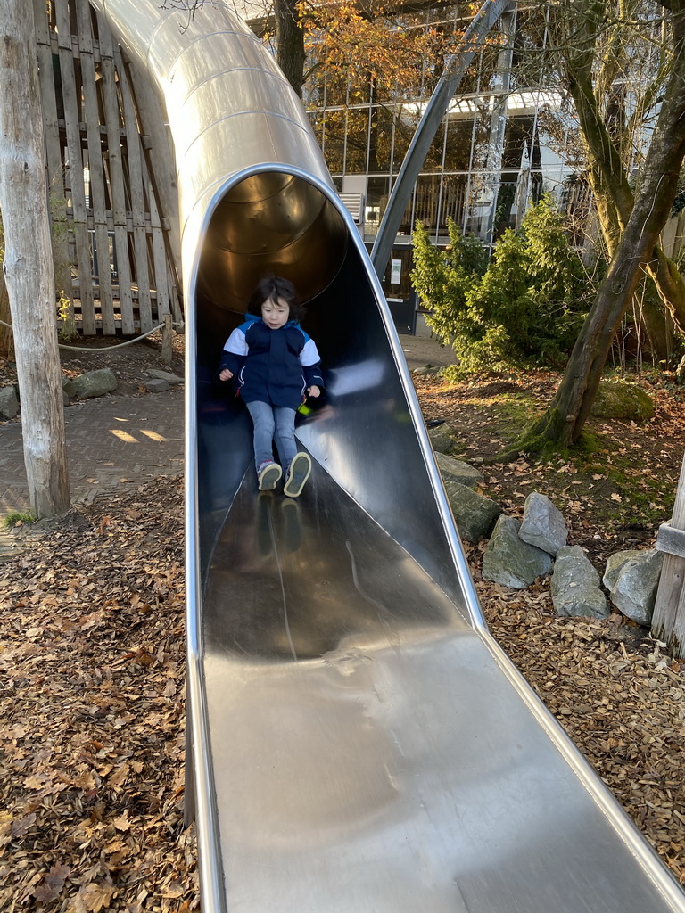 Max on the slide at the playground just outside the RavotAapia building at the Ouwehands Dierenpark zoo