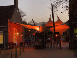 Back side of the entrance to the Ouwehands Dierenpark zoo, at sunset