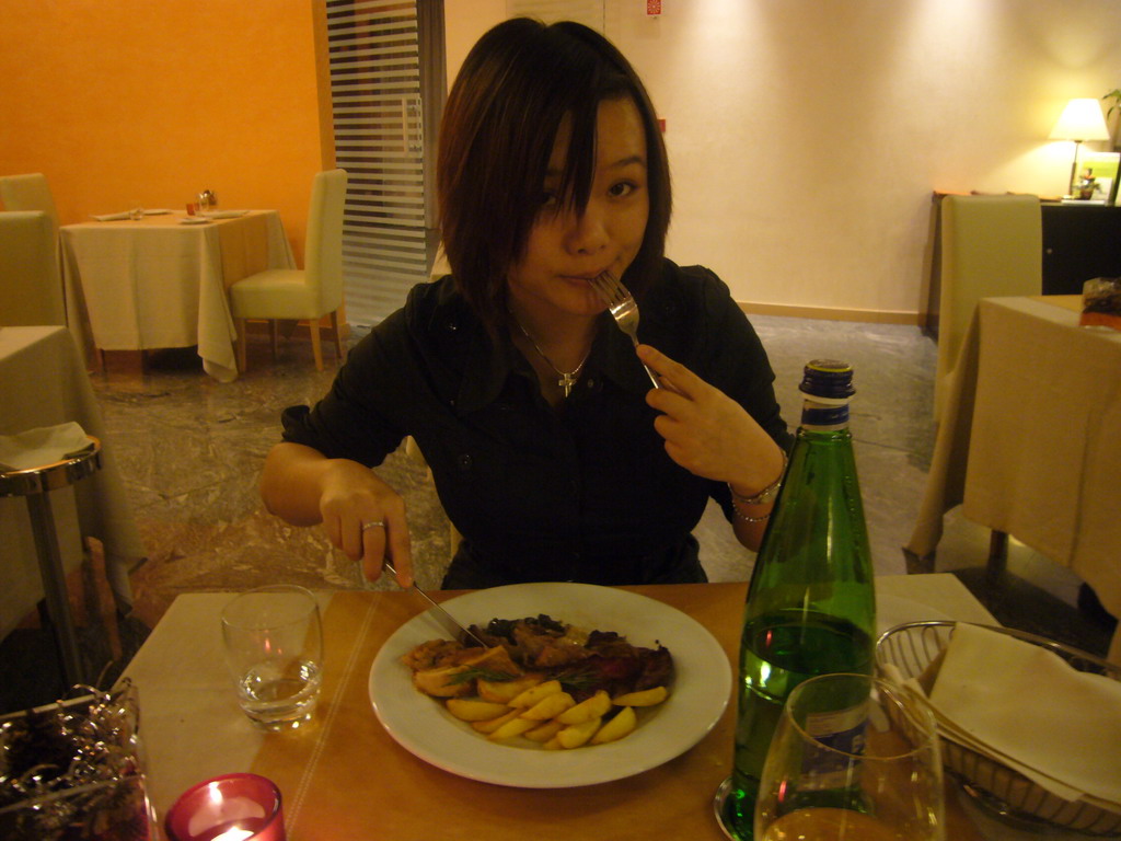 Miaomiao having dinner in our hotel `Hotel Eurostars Roma Congress`