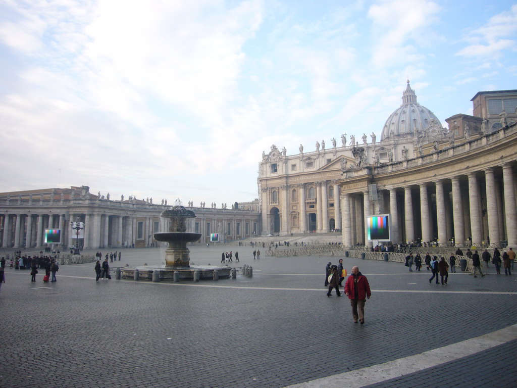 Saint Peter`s Square (Piazza San Pietro) with St. Peter`s Basilica (Basilica di San Pietro in Vaticano) and the North fountain