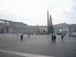 Saint Peter`s Square, with the Vatican Obelisk, a christmas tree and the Nativity of Jesus