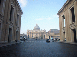 Saint Peter`s Square, with the Vatican Obelisk, a christmas tree and the Nativity of Jesus, from the Via della Conciliazione street