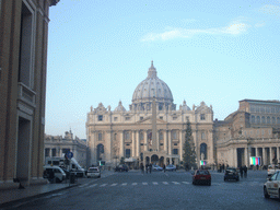 Saint Peter`s Square, with the Vatican Obelisk, a christmas tree and the Nativity of Jesus, from the Via della Conciliazione street