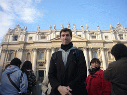 Tim and the facade of St. Peter`s Basilica, with the Pope`s Window