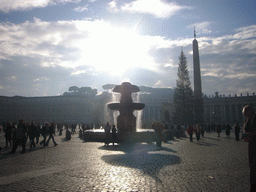 Saint Peter`s Square, with the North fountain, the Vatican Obelisk and a christmas tree