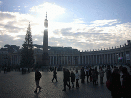 Saint Peter`s Square, with the South fountain, the Vatican Obelisk and a christmas tree