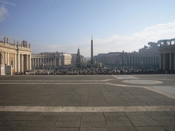 Saint Peter`s Square, with the Vatican Obelisk, a christmas tree and the Nativity of Jesus, from in front of St. Peter`s Basilica