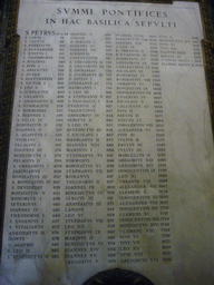 List of Popes buried in St. Peter`s basilica, in the entrance to the Sacristy and Treasury of St. Peter`s Basilica