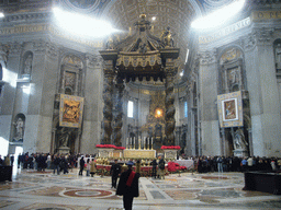 The crossing with the Papal Altar and Baldacchino, and the Tribune, inside St. Peter`s Basilica