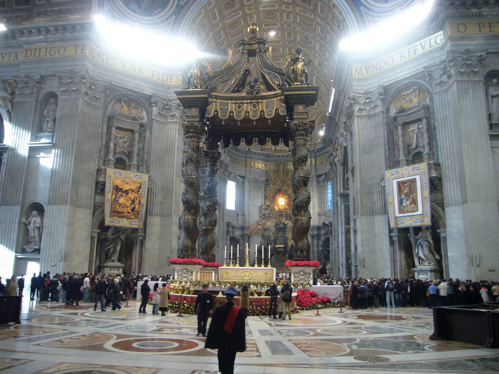 The crossing with the Papal Altar and Baldacchino, and the Tribune, inside St. Peter`s Basilica