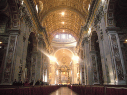 The nave of St. Peter`s Basilica, with the Papal Altar, Baldacchino and the Tribune
