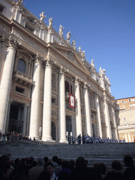 The facade of St. Peter`s Basilica, with the Pope`s Window and an orchestra, right before the Christmas celebrations