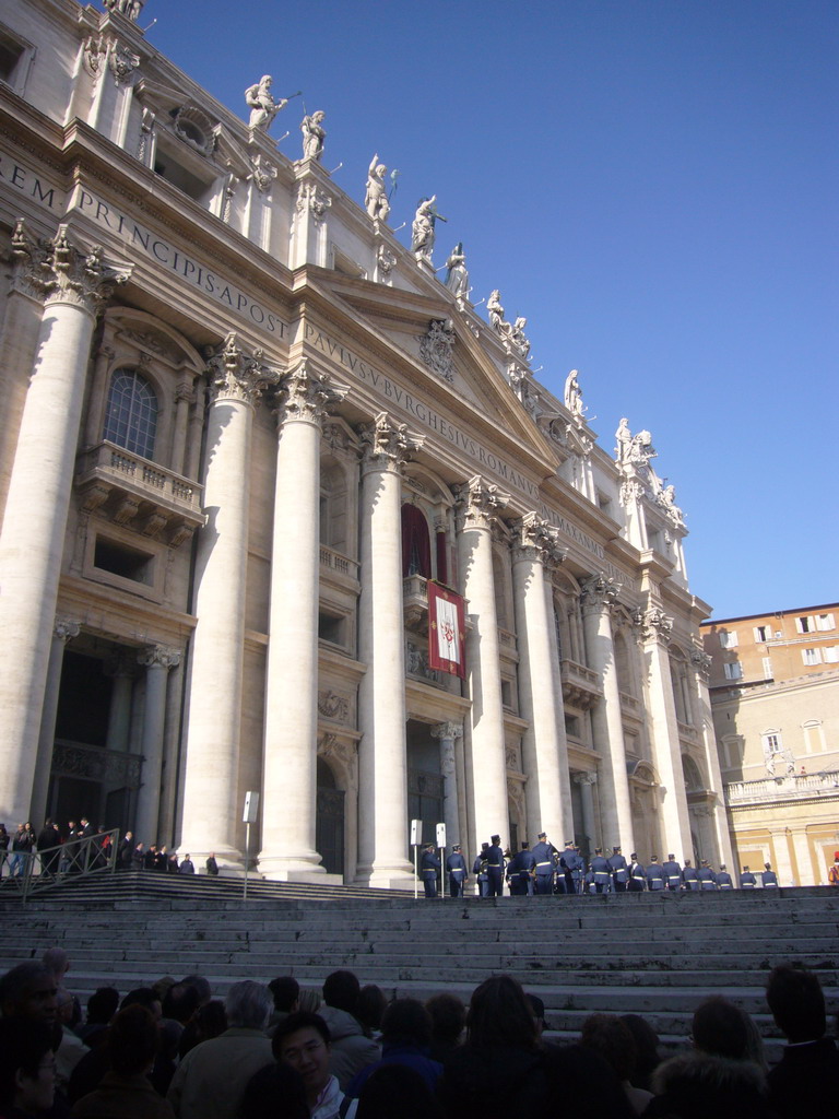The facade of St. Peter`s Basilica, with the Pope`s Window and an orchestra, right before the Christmas celebrations