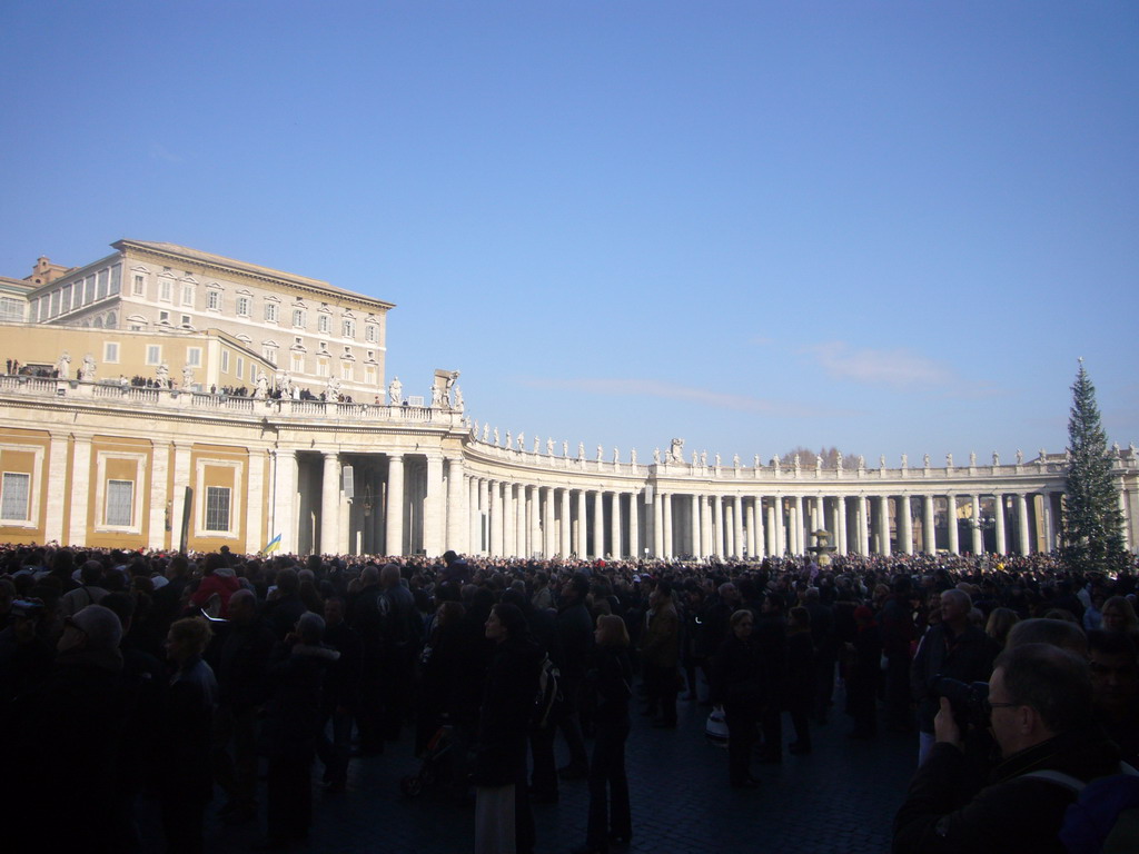 The north side of Saint Peter`s Square, with a christmas tree, right before the Christmas celebrations