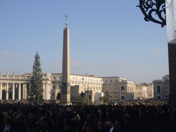 Saint Peter`s Square, with the Vatican Obelisk, a christmas tree and the Nativity of Jesus, right before the Christmas celebrations