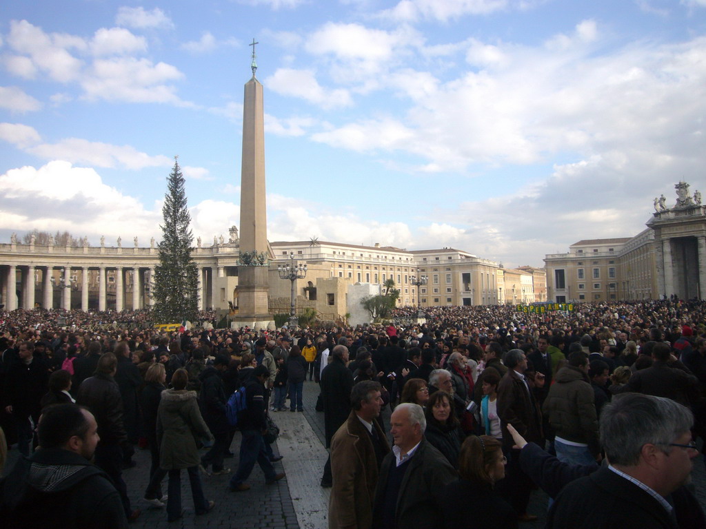 Saint Peter`s Square, with the Vatican Obelisk, a christmas tree and the Nativity of Jesus, right after the Christmas celebrations