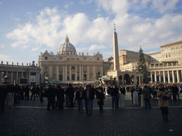 The facade of St. Peter`s Basilica, the Vatican Obelisk, a christmas tree and the Nativity of Jesus, at Saint Peter`s Square, right after the Christmas celebrations