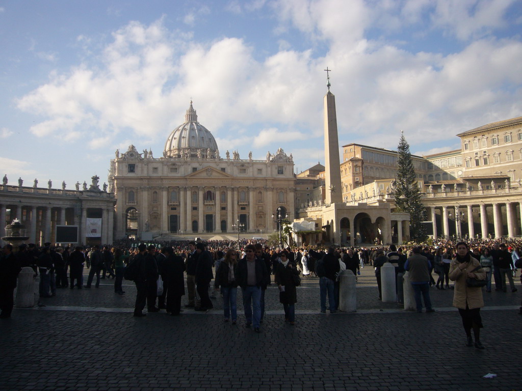 The facade of St. Peter`s Basilica, the Vatican Obelisk, a christmas tree and the Nativity of Jesus, at Saint Peter`s Square, right after the Christmas celebrations