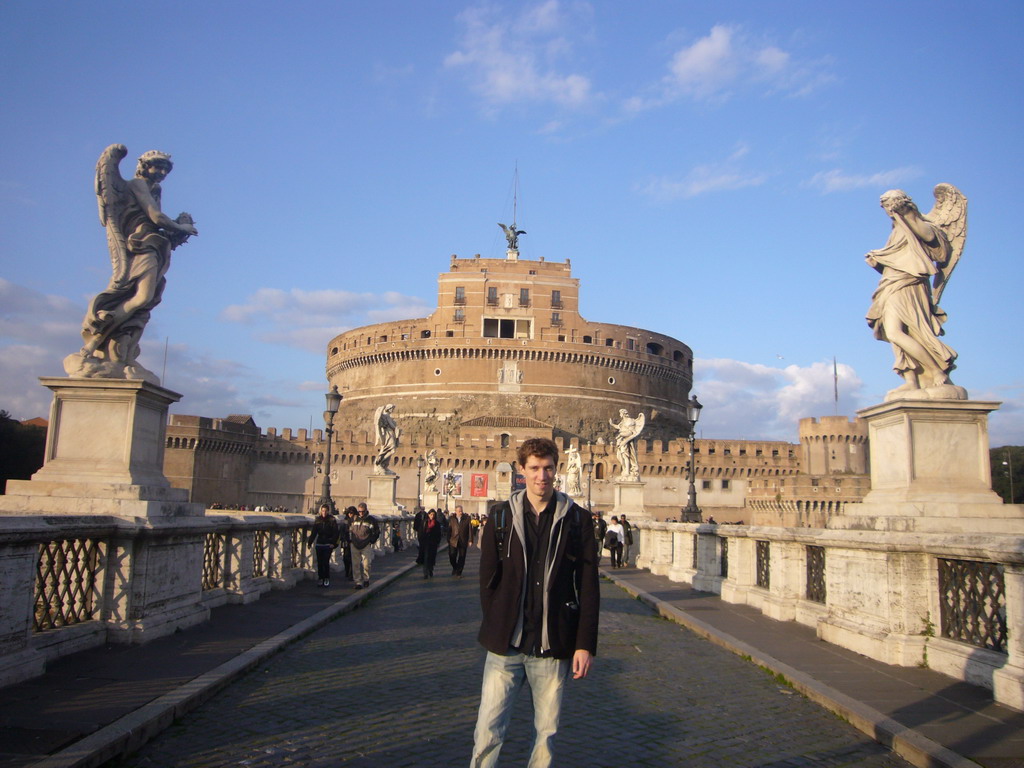 Tim at the Ponte Sant`Angelo bridge (with eight statues) and the Castel Sant`Angelo