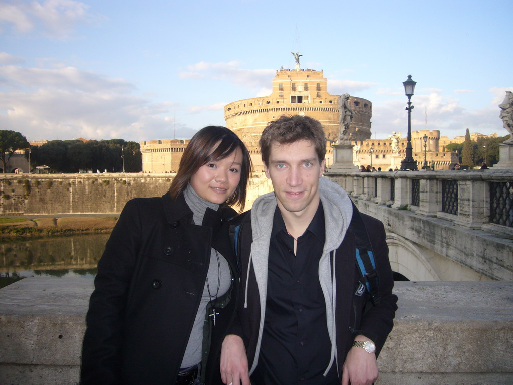 Tim and Miaomiao at the Ponte Sant`Angelo bridge, the Tiber river and the Castel Sant`Angelo