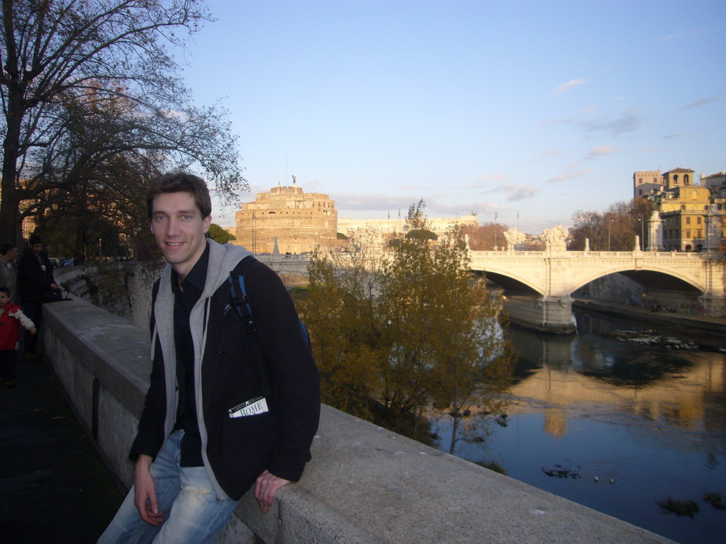 Tim at the Ponte Vittorio Emanuele II bridge, the Tiber river and the Castel Sant`Angelo
