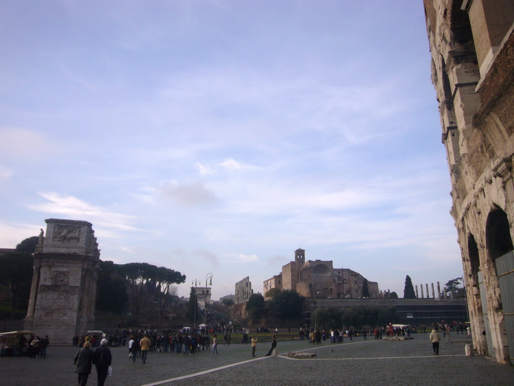 The Colosseum, the Arch of Constantine, the Temple of Venus and Roma, the Via Sacra and the Arch of Titus at the Forum Romanum