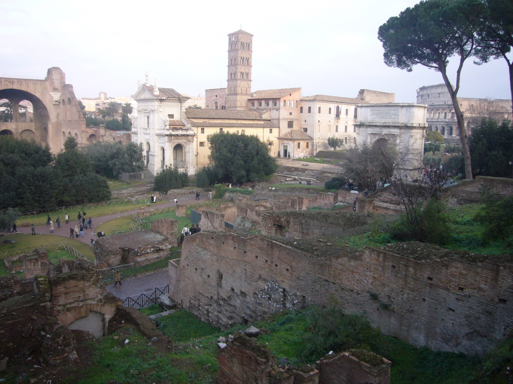 The Forum Romanum, with the Santa Francesca Romana church and the Arch of Titus, and the Colosseum, from the northern slope of the Palatine Hill