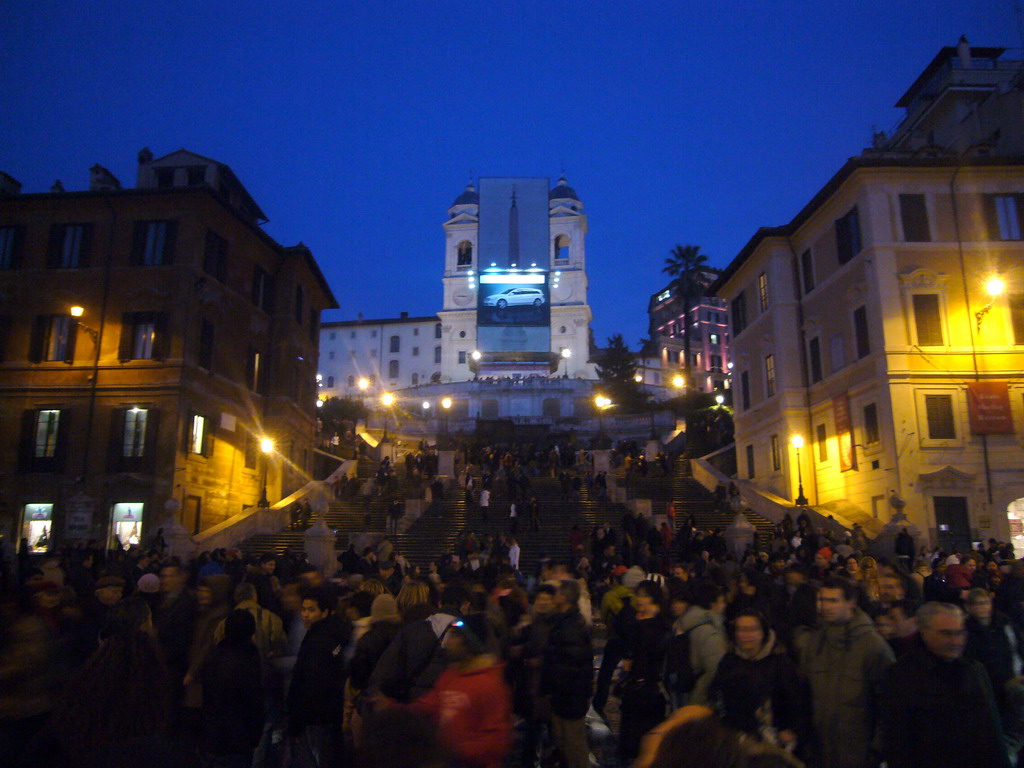 The Piazza di Spagna square, the Spanish Steps, the Sallustiano Obelisk and the Trinità dei Monti church, by night