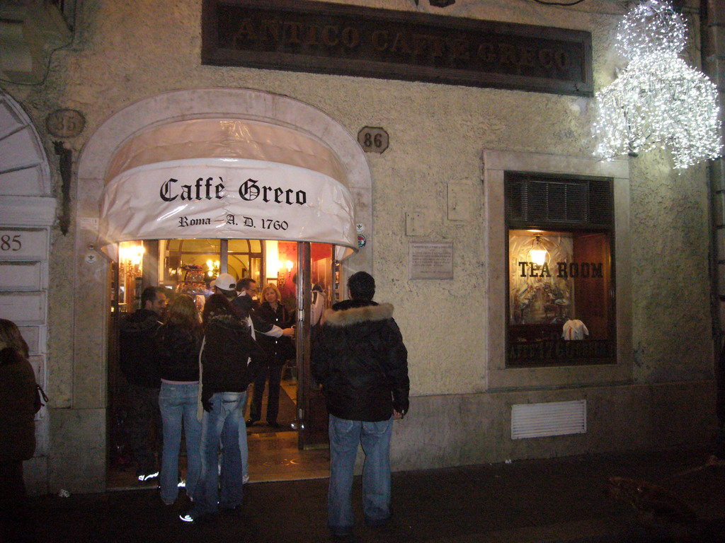 The front of the Antico Caffè Greco tea room, by night