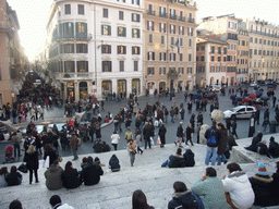 The Piazza di Spagna square, with the Fontana della Barcaccia fountain, and the Via Condotti street, from the Spanish Steps